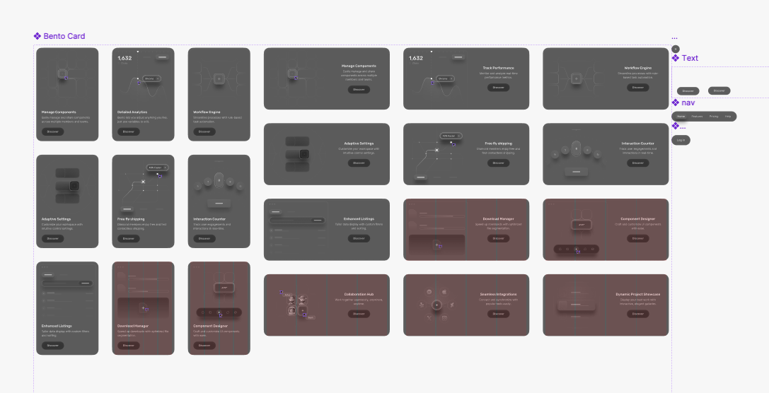 Bento card component library from a Figma design system showing reusable card variations.