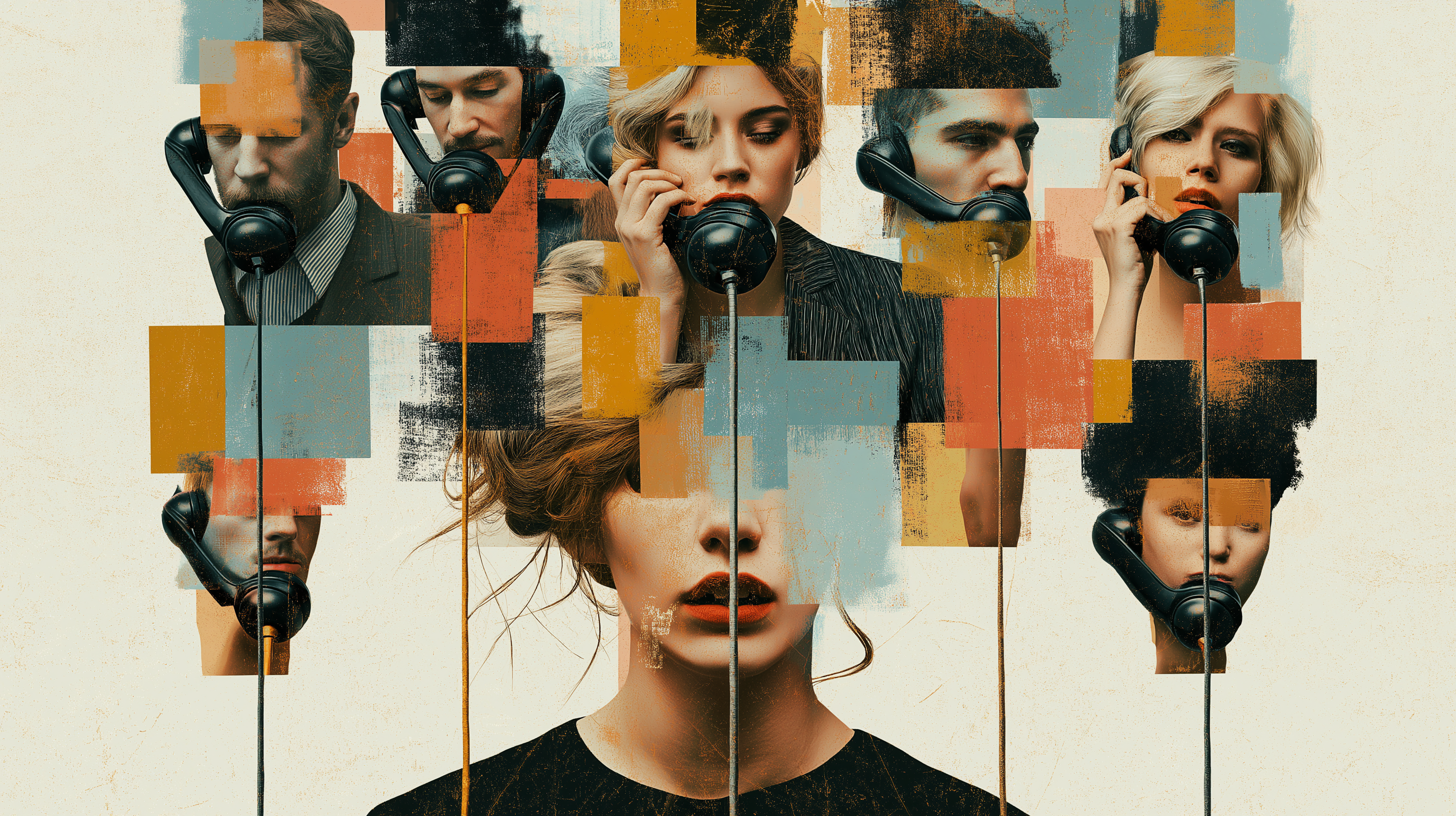 A collage of people on headsets representing the multi-user challenge in AI productivity.